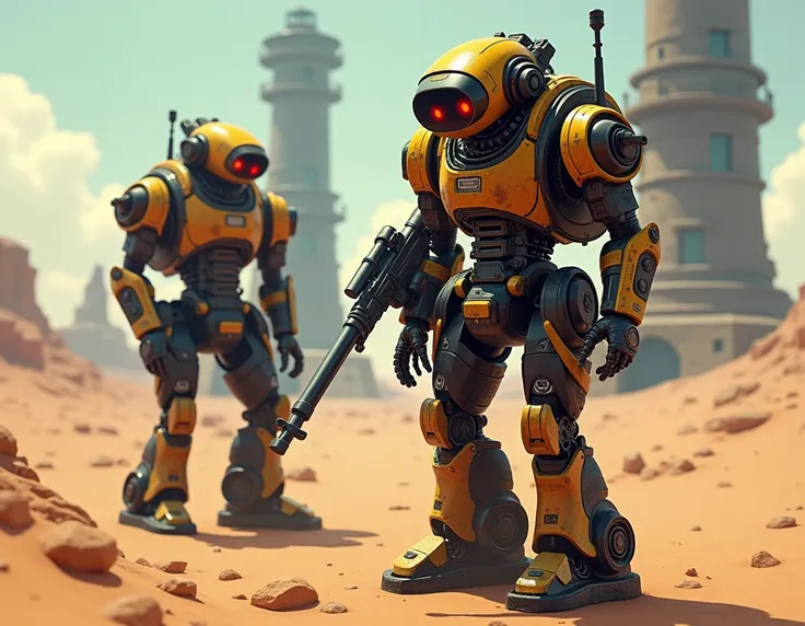  The image of two desert characters ,mechanical security guards ,  steampunk technology ,  with red glowing eyes ,  Mechanical parts in black and yellow holding rifles, no ato de duas  watchtowers ,  watchtowers , guarda robós  steampunk, various accessori...