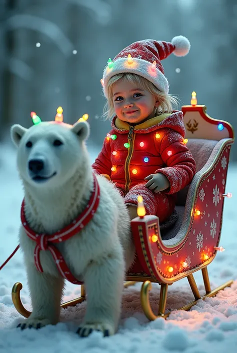 A Christmas character who doesnt like Christmas, who is creative, who wears a Christmas light bulb costume and who is riding a red and white sleigh driven by a polar bear. 