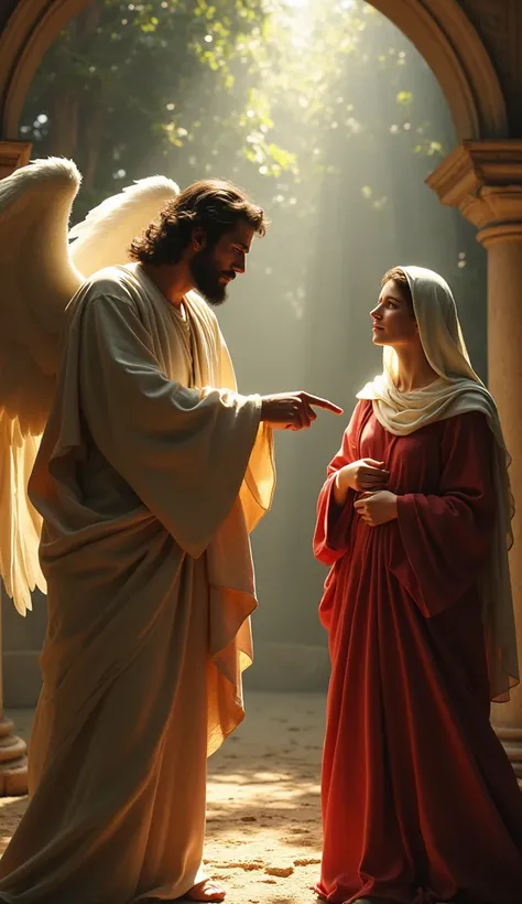 "The angel Gabriel, with a solemn expression, points toward the heavens while saying: You will conceive in your womb and bear a son, and you shall name him Jesus. Mary gazes attentively at him, as the celestial light fills the room."