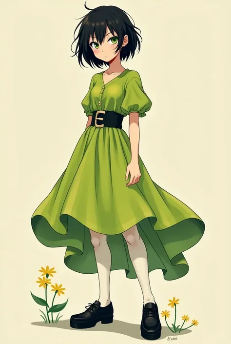 Tomboy with messy black bobcut, lime green eyes, lime green dress with black belt, white tights and black Mary Jane shoes. She has a buttercup motif.