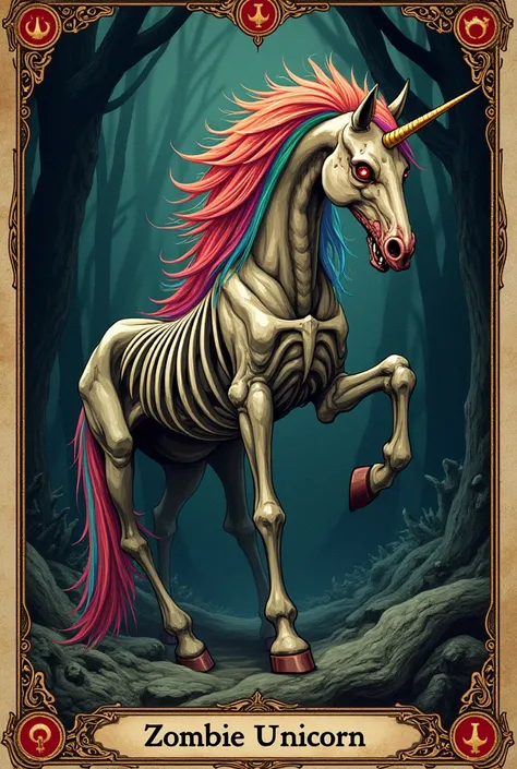 Une carte de tarot médiéval en gravure dune zombie unicorn  satanique à la crinière arc en ciel avec les mots "zombie unicorn "  written in Baroque 