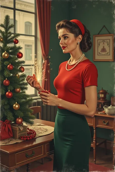 Crea un immagine da cartellone vintage anni 50 in italiano dove una Donna in carriera brucia un albero di natale dicendo meglio la carriera e come slogan "il natale torna ogni anno la promozione no"