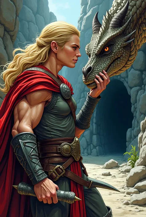 Hand draw American comic style a blond warrior in profile caressing a dragon and with an entrance to a dungeon in the background