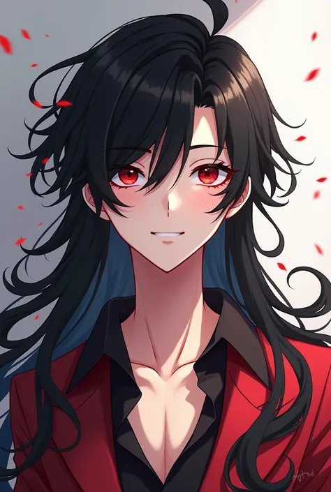 a handsome boy of 1 , 80 with long black hair with small red stripes up to his shoulders,  with a defined physique and light skin color anime style  