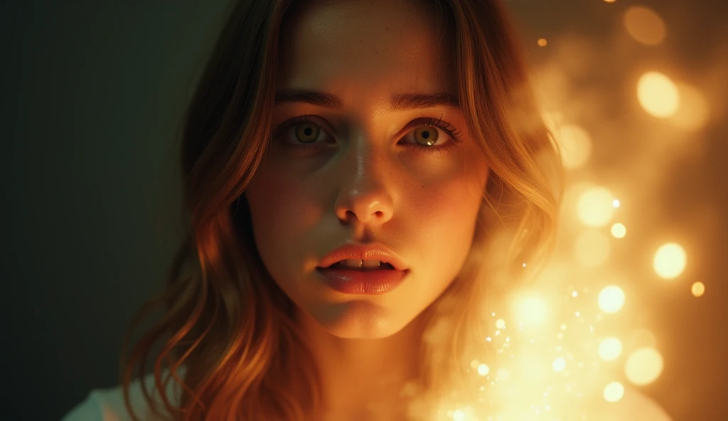 Ultra Realistic , 16-year-old woman with frightened eyes surrounded by a bright heavenly light