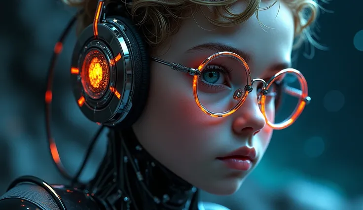 A highly detailed cyborg boy ,  with a focus from the shoulders up ,  looking slightly towards the camera .  The cyborg must have contrast a futuristic and elegant look ,  with polished metal ,  intricate mechanical details ,  and incandescent neon cyberne...