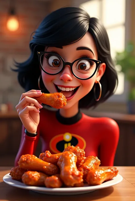 Violeta with black hair from the Incredibles with glasses eating wings