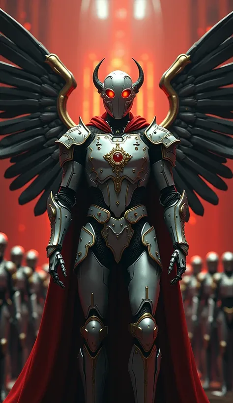 A full-body mechanized image of an adult male holy knight commander, possessed by a demon. His robotic, muscle-developed body is clad in sacred white gold holy knight armor, with deep red glowing eyes and golden-black mechanic wings. He boldly stands insid...