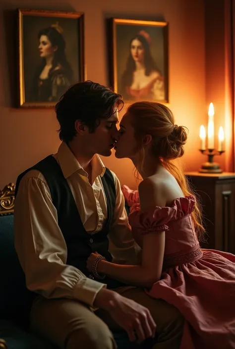 
Cinematic photography of a beutiful couple kissing in an embrace. A young woman with ginger hair and a young dark-haired man. They are sitting on a small sofa. The man has short hair and is dressed like a prince. The woman is dressed in a tudor style ball...