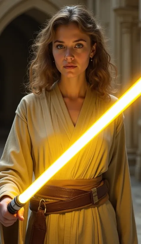 Blue eyes, light brunette curly, c cup breasts, tan jedi tunic, brown belt over tan sash, yellow blade lightsaber, 