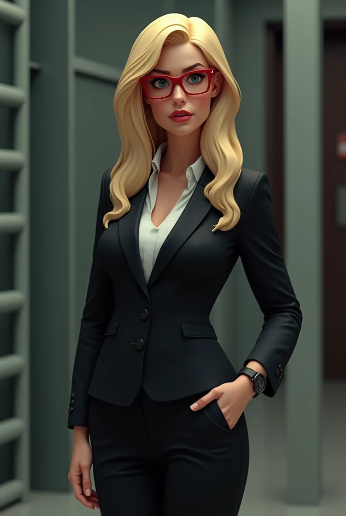  I want the creation of a 3D image of a lawyer, blonde,  long hair, beautiful,  with red glasses ,  dressed in a black womens suit , high heels of red color,  black watch on the left wrist , In front of a prison .