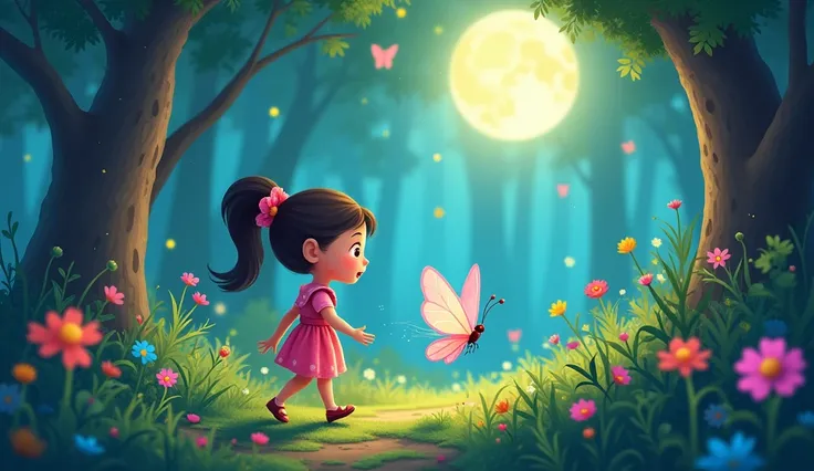 "A vibrant cartoon-style image showing the , the glowing moon, and the butterfly walking together in a magical forest. The forest is lit with soft moonlight, and colorful flowers bloom all around. The butterfly leads the way, and the moon floats gently abo...