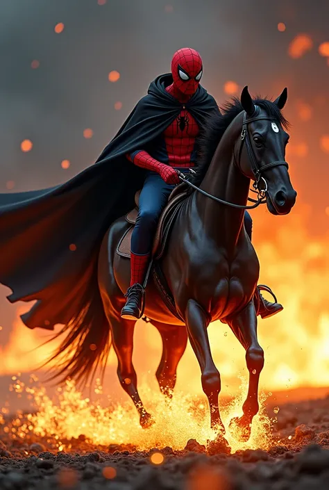 Image of spider-man riding a black burning horse with a black poncho