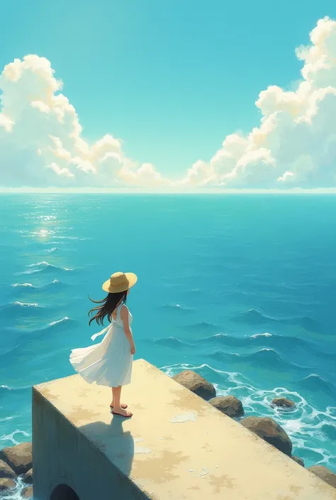 A girl in a white dress wearing a straw hat is looking at the ocean at the tip of the breakwater