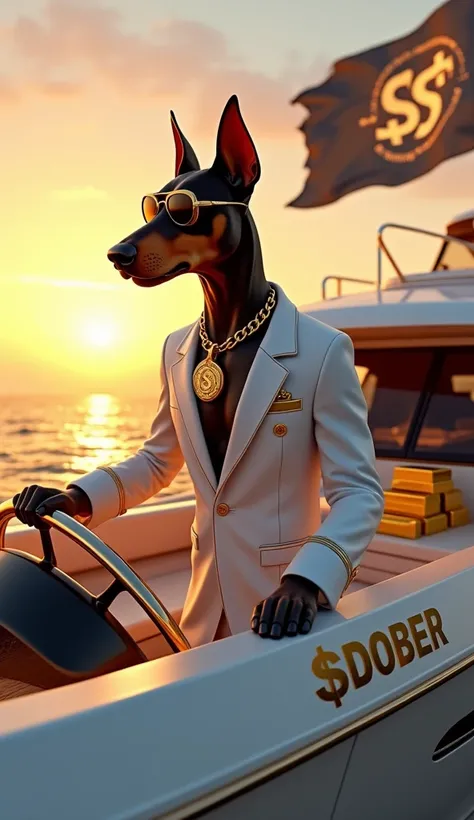 
A hyperrealistic Doberman riding a luxury yacht at sunset, with the ocean sparkling in golden hues. The yacht has a bold $DOBER logo on its side, and the Doberman stands at the helm wearing a white captain’s suit with gold accents, a gold chain with a $DO...