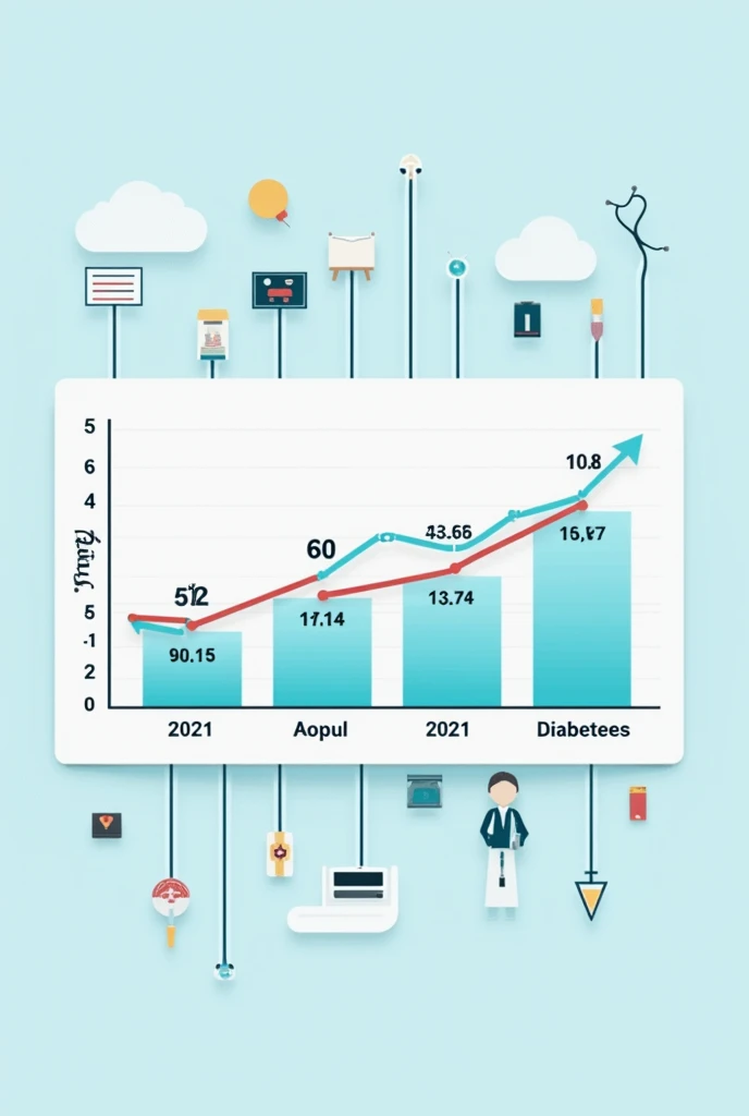 Image of a graph comparing statistics of the population with diabetes in the world, from 2021 to the present, medical illustration