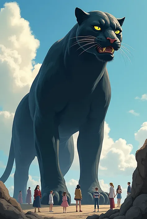 Create a 10 meter tall black jaguar next to anime-style humans 