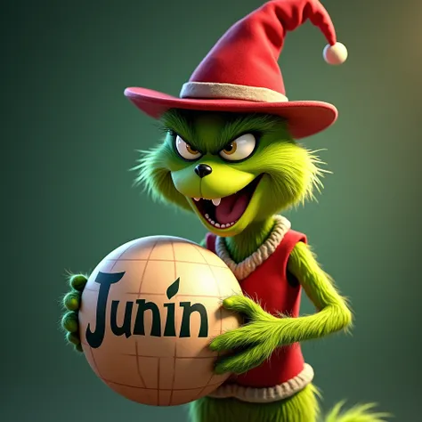 a Grinch with a sphere that the sphere says Regional Directorate of Agriculture Junín in large letters on the sphere but that has a hat and vest the Grinch and that is both sweet and evil at the same time