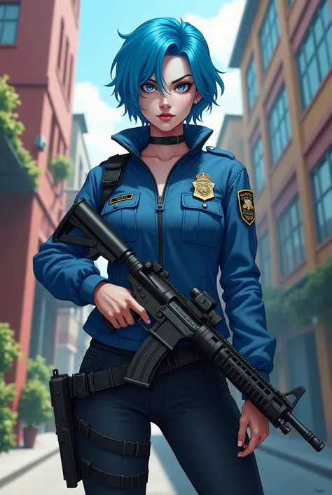 Woman with short blue hair, white skin, blue cargo jacket with black pants with gun in hand with serious look with cop Badge, cartoon