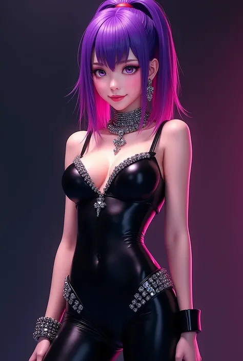 Black Latex Costume Young Japanese Idol Purple Hair Fuchsia Highlights High Definition Ponytail Sparkling Flashy Necklace Earrings Bracelets