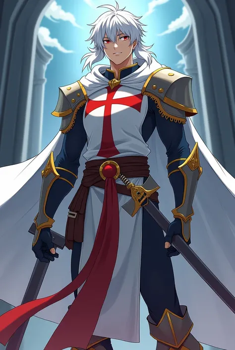  Bell Cranel anime Dainmachi,  white hair and red eyes, MUSCULAR AND TALL, Templar dress with red cross and armour pigtail and Templar tunic with white hood, holding sword 