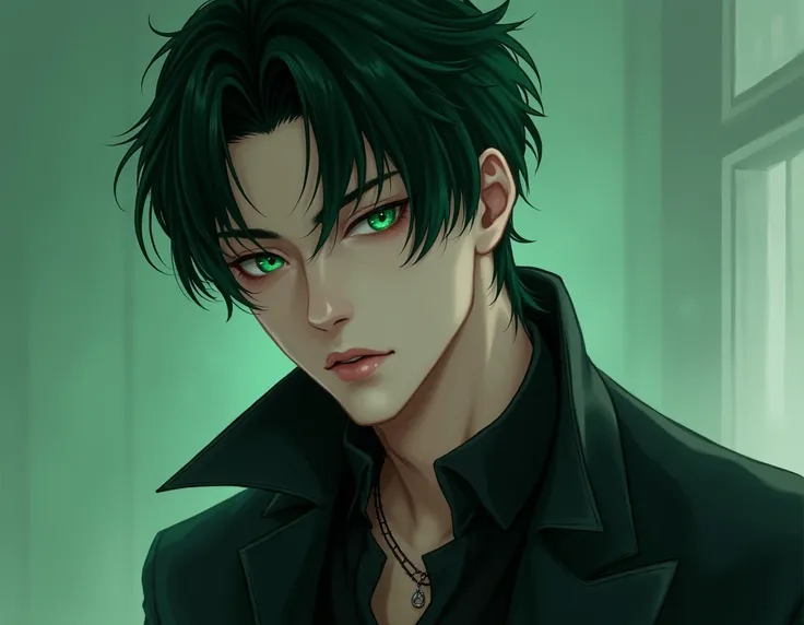 A real young man of Korean nationality,  tall attitude and fine and attractive features ,  with intense green eyes that contrast with his dark green hair,  Short and slightly messy .  Her presence is impressive ,  dressed in a mix of sorcerer and warrior c...