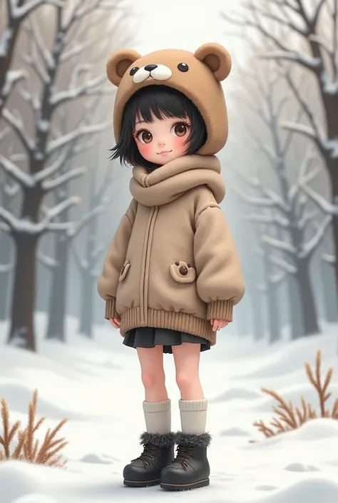 An Asian girl wearing a long sweater, short pleated skirt, bear hat on her head, thigh-length socks, round black winter student  shoes in winter weather, realistic style