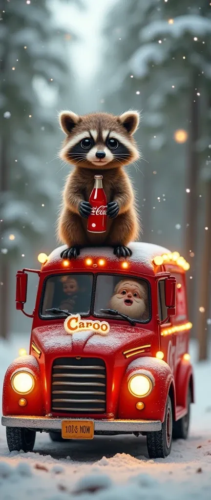 A photo of a fluffy baby raccoon perched on a Coca Cola truck. The raccoon is extra fluffy and has its eyes wide open. The truck is decorated with twinkling lights and has an image of Santa Claus holding a Coca Cola bottle. The Santa Claus has candy eyes a...