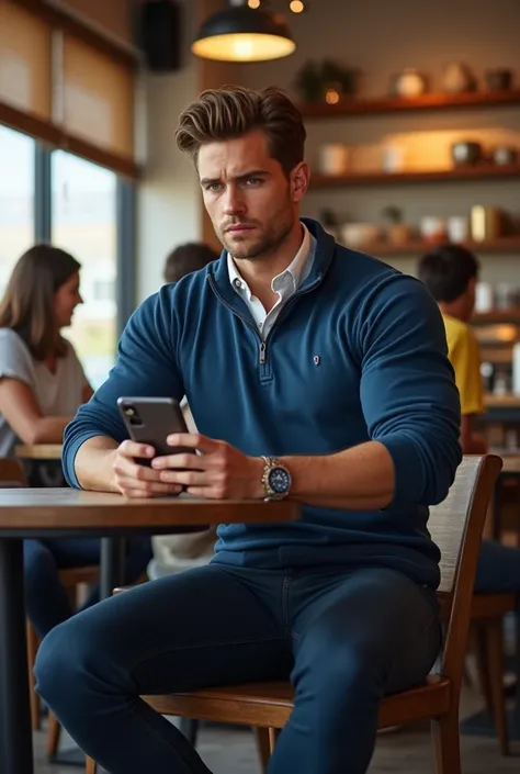 Attractive tall and athletic young man light brown hair polo sweater sweater tight dress pants blue eyes at a coffee shop in Westfield NJ 