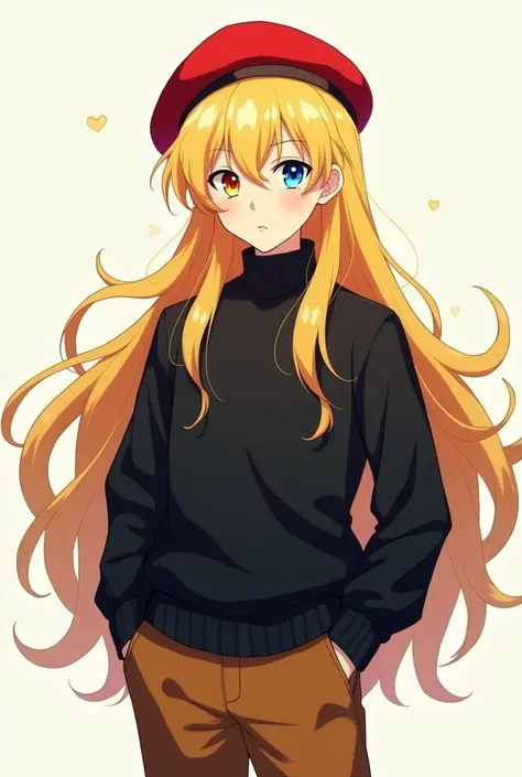 Make it anime style; An 18-year-old boy with long golden hair, Red Beret,  eyes colored with the seven colors of the rainbow, black sweater and caramel-colored pants  