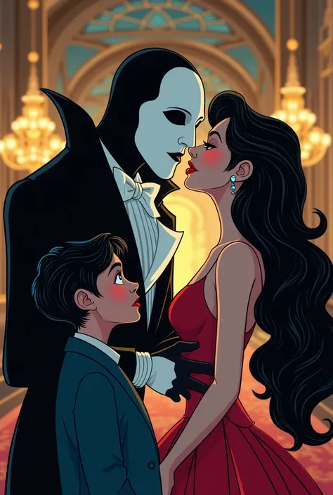 Scene from the cartoon :  the Phantom of the Opera with a woman about to kiss and another black-haired and blue-eyed boy picking them up 