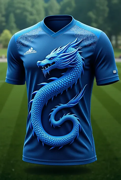 A soccer jersey with a blue dragon