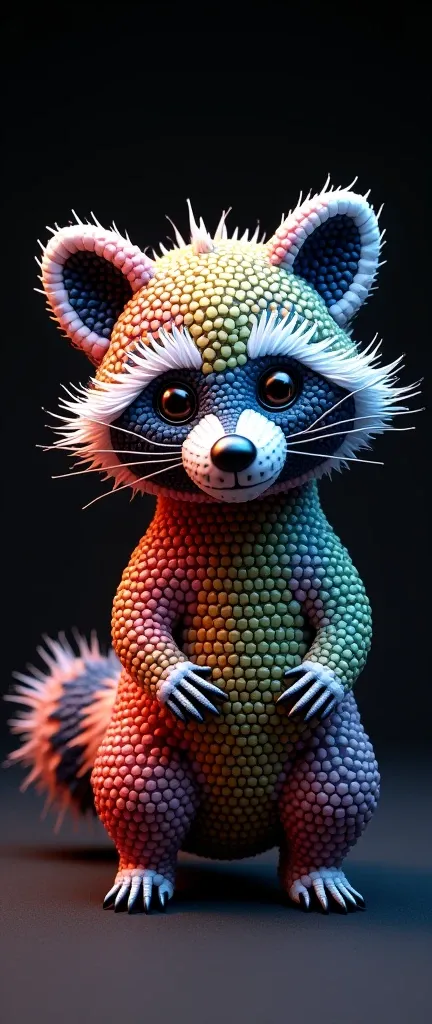 A 3D render of a thought-provoking and abstract artwork. There is a captivating photograph of a cute extra fluffy baby raccoon composed of a mesmerizing array of brightly colored small hexagonal enamel rainbow shapes. The hexagons vary in size, color, and ...