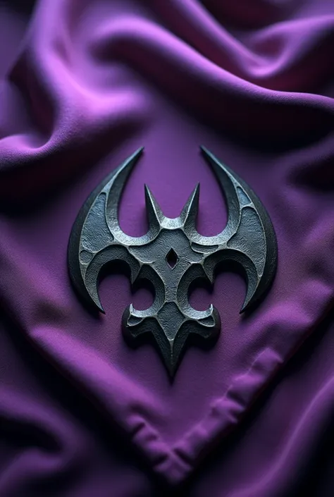 A dark logo engraved on a purple bandana