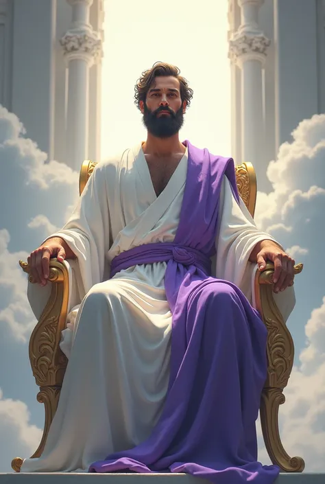  God seated on the throne is a man with a beard and short hair wearing a white robe with a purple belt around his waist and shoulders. White clouds and light background 