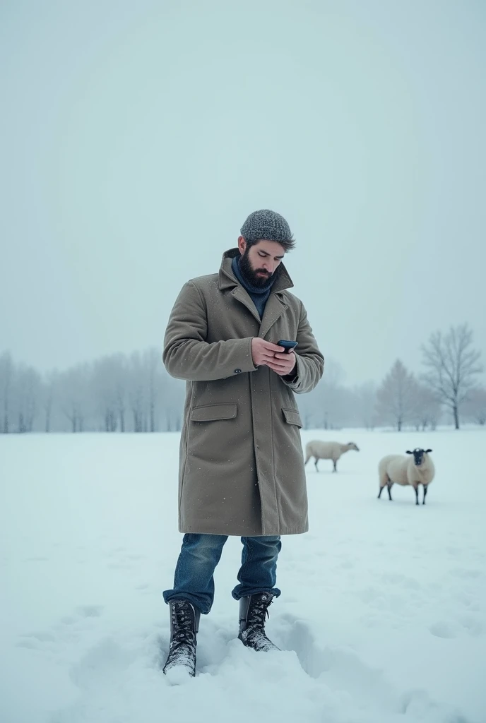  there is a man standing in a snowfield with a cell phone,  a photo inspired by Antoine Wiertz  , tumblr, arte digital, cold as ice! 🧊,  only snow in the background ,  full body picture,  full body:: snow outside::, sheep, photo of the outfit, !! full body...