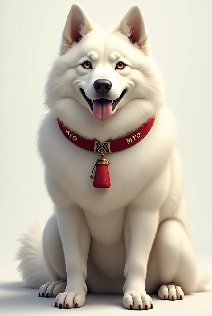  a large white Japanese dog with a fluffy coat、The face is dignified々It feels so cool 。 a plate with MYO letters on a red collar 。 it feels like youre clutching a pouch in your hand 。