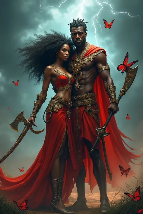 Create an image of a black African Orixá Iansã and Xangô couple,  Xangô is king with two axes in his hand red clothes and Iansã hair Afrocom a snake sword in his hand Scenario of storms with lightning and red butterflies