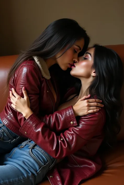 obra prima, melhor qualidade, ((2 mexican teens, anorexic, slender ass, tan skin,)) ((((metallic liquid black lipstick, mouth agape wide, touching noses,))) ((((laying face-down prone on leather couch, mashing bodies, grabbing ass,)))) ((((wearing shiny we...