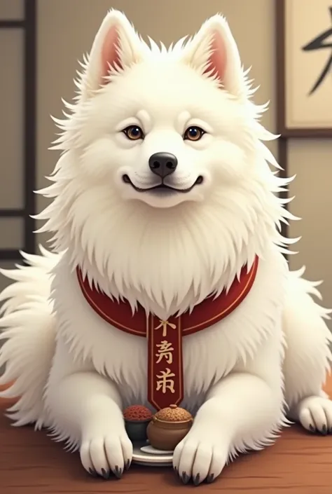  a large white Japanese dog with a fluffy coat、The face is dignified々It feels so cool 。 a plate with MYO letters on a red collar 。It feels like holding a bucket and clutching a pouch。