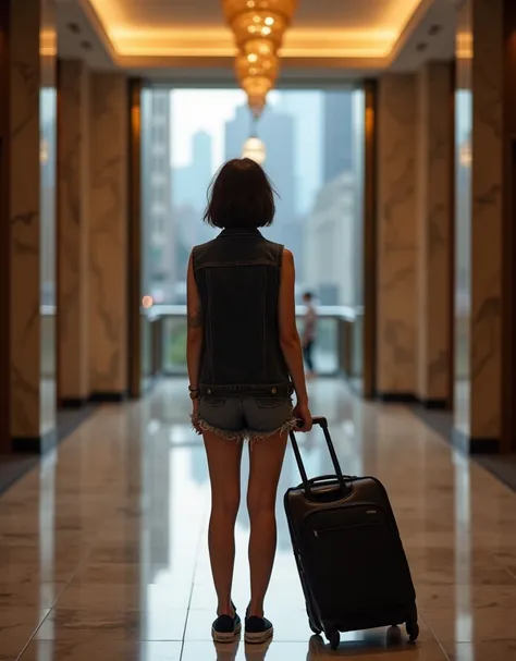 Wide shot from behind of a determined young woman casually waiting in front of the elevators in a massive hyper-modern 5-star New York hotel lobby at dusk. The woman is short. She has her hair cut into a messy dark brown bob, and she is wearing a black den...