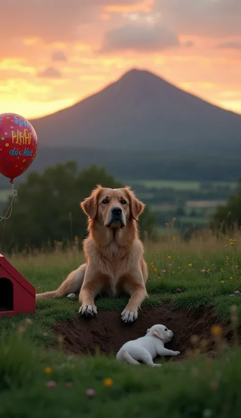 A sad-looking dog ,  lies sitting on a green grass field at dusk ,  staring intently at a small hole dug in front of him ,  where the body of his little puppy ,  it is not possible to see his face, Only the body of the puppy . In the background,  a beautif...