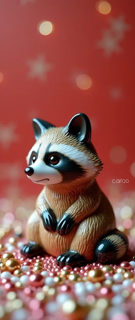 A ultra high resolution and ultra high definition holiday themed image of an ultra adorable scene. Theres a 3d vividly colored china figurine of an ultra adorable exotic raccoon. The raccoon is sitting on a unique creative background made of tiny shimmerin...