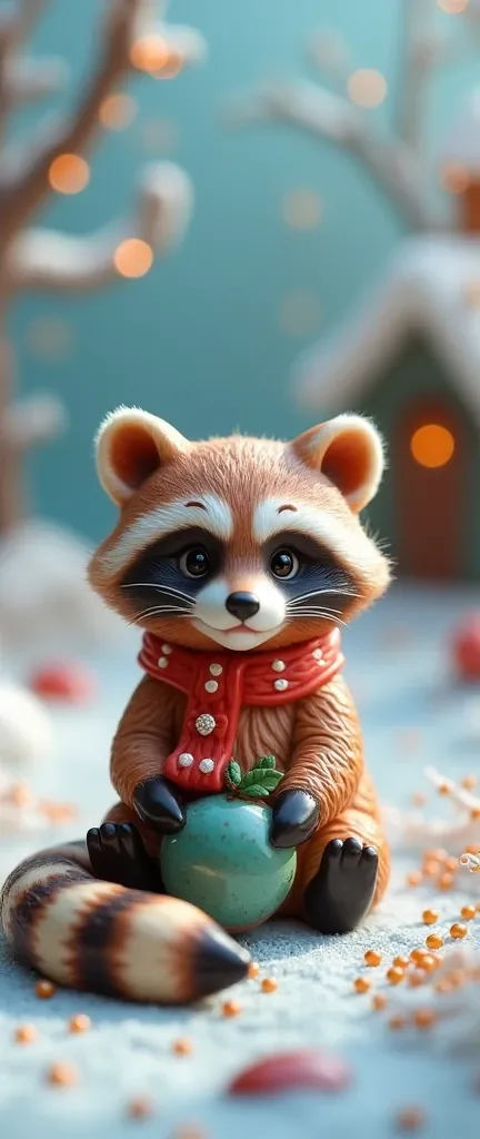 A photograph of a 3D vividly colored China figurine of an ultra adorable exotic raccoon. The raccoon is sitting on a unique creative background made of tiny shimmering beads. The background is a snowy landscape with trees and a cottage. The artists name "C...