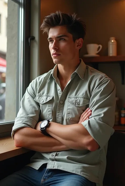 photorealism: 1.2), A handsome boy, muscular european, relaxed pose, realist, Camisa oversize, jeans, Crossed arms, watch, coffee shop 