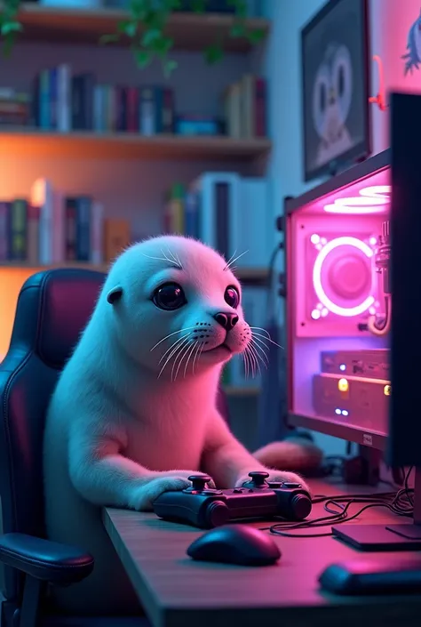 Create a picture of a seal that plays video games and has a large gaming setup and the PC must be visible and it must glow 