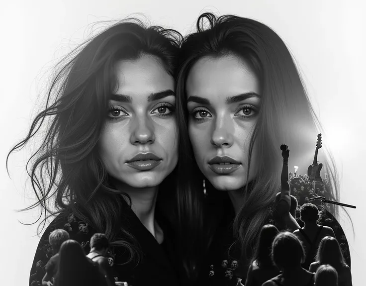 Create a black-and-white image of two women with a double-exposure effect. Blend their portraits seamlessly with scenes of a rock concert crowd and musical instruments, creating a dynamic, artistic composition that captures the energy and spirit of rock mu...