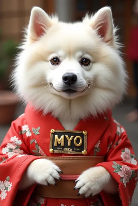  a large white Japanese dog with a fluffy coat、The face is dignified々It feels so cool 。 a plate with MYO letters on a red collar 。 it feels like youre clutching a pouch in your hand 。The costume is New Years kimono