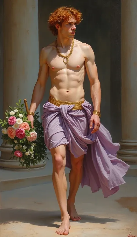  Ancient Greek style ,greek art, an oil paint painting on canvas , of a young Greek man of angelic beauty equal to the Greek gods ,oval face, defined jaw,loose curly red hair , thin athletic and voluptuous body , he is walking sensually holding a flowery g...