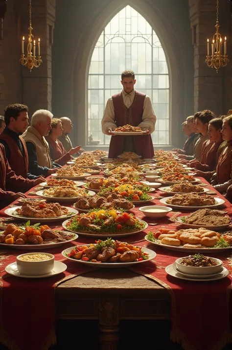 Person serving food at a large table ,  with different types of medieval dishes 